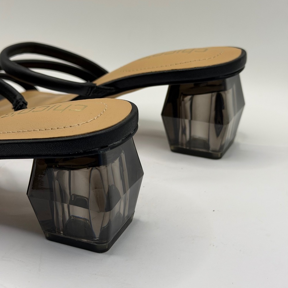 Chicos Marina Round Lucite Sandals Black Leather Triple Strap Block Heel 8.5 - Picture 4 of 10